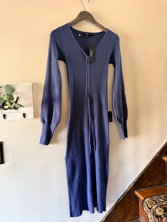 Lulu's Slate Blue Ribbed V-Neck Drawstring Midi Dress - Picture 6 of 12
